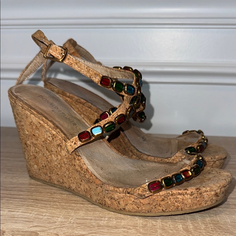 Donald J. Pliner “Wondra-Co”‎ Jewel Straps Cork Wedge Sz 7.5M 4”Heel Sandals - Picture 8 of 16